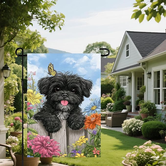 IVN Spring Garden Flag 12x18 Inch Double Sided Black Dog and Colorful Flowers Scene Outdoor Yard Flag for Outside Front Door Lawn Porch Patio Welcome Decor