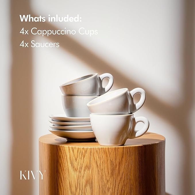 KIVY Cappuccino cups set [4x 8oz] - Thick-walled stoneware cappuccino cup set for latte art - Cappuccino coffee cups - Tazas de cafe - Latte cups - Ceramic latte art cup and saucer set of 4 - Grey