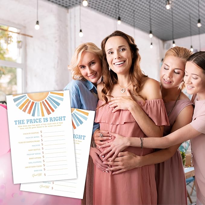 The Price Is Right Baby Shower Game Kit - Watercolor Retro Sun - 30 Double-Sided Fill In Game Cards For Baby Shower, Gender Reveal Party Favor, Activity & Supplies - D11