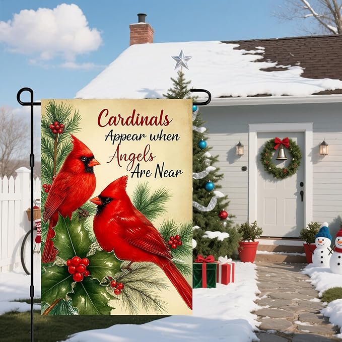 IVN Christmas Garden Flag 12x18 Inch Double Sided Red Bird Pine Holly Angels Are Near Outdoor Yard Flag for Outside Front Door Lawn Porch Patio Welcome Decor