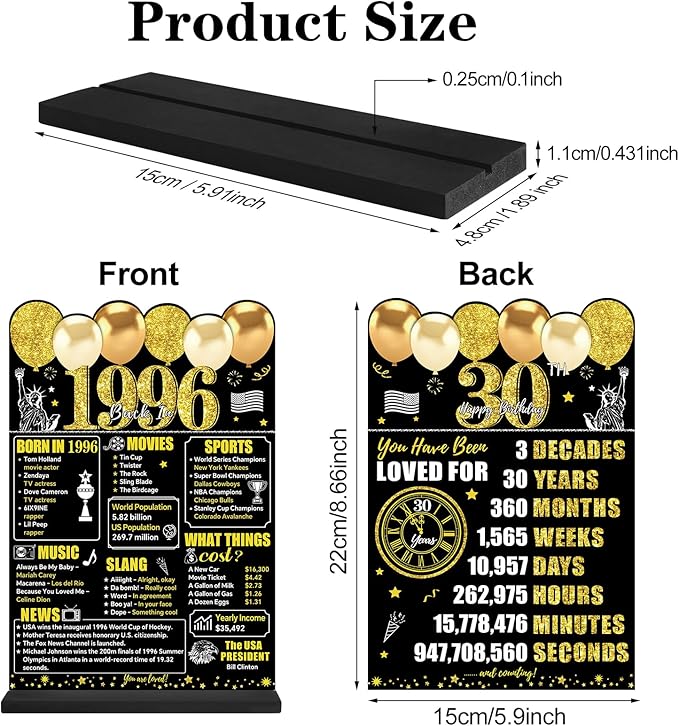 Black Gold 30th Birthday Decorations for Men Women, Two-Sided Vintage 30 Back in 1996 Theme Poster Wooden Table Sign with Stand, Thirty Years Old Bday Centerpieces Holder for Table Decor