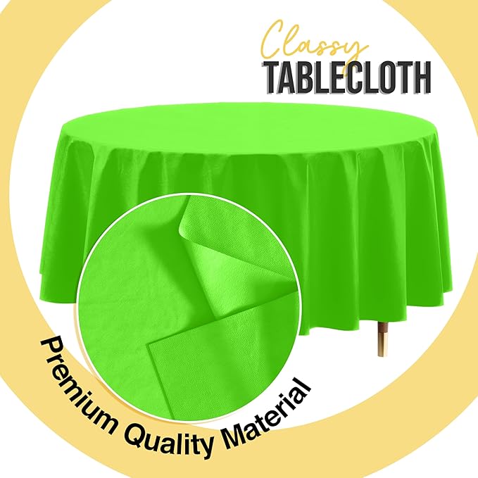 Exquisite 66% Thicker Premium Lime Green Round Tablecloth 0.5 Mil 24 Pack Plastic Table Cloth Disposable 84 Inch Round Plastic Tablecloth Won't Tear Easily Like Cheap Thin Brands