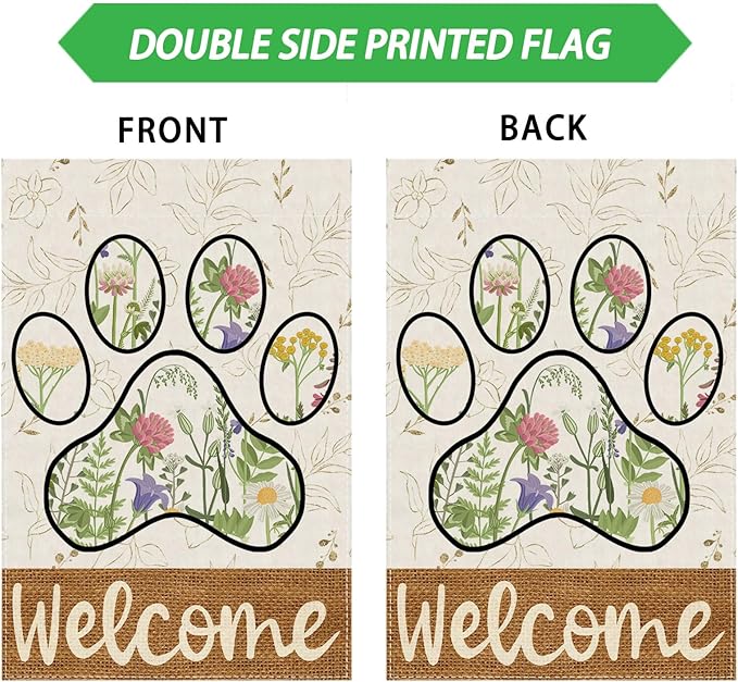 ZAEW Welcome Dog Paw Wildflowers Leaves Spring Garden Flag Summer Seasonal Yard Flag 12x18 Inch Double Sided Small Mini Yard Outdoor Outside Holiday Decoration