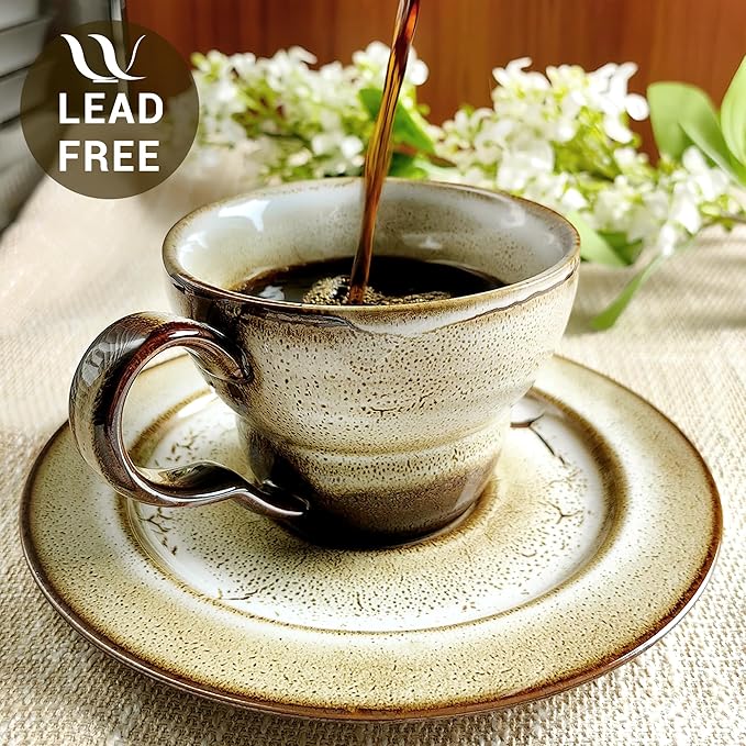 Latte Art Coffee Cup Set of 2 with Saucers - 8.5oz Ceramic Mugs for Cappuccino, Espresso & Tea - Microwave & Dishwasher Safe - Perfect Holiday Gift for Father's Day, Birthday, Housewarming