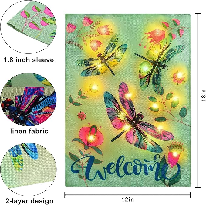 Spring Garden Flag 12×18 Double Sided, 8 Modes Lighted Dragonfly Flag, Welcome Garden Flag for Outside, LED Small Flag for Yard and Garden Decor in Spring