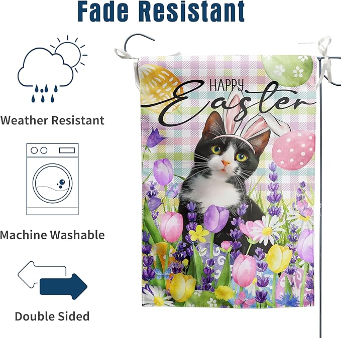 Happy Easter Cat Garden Flag Tuxedo Cat Spring Flags Buffalo Plaid Bunny Eggs Yard Flag for Outside 12x18 Double Sided Small Decorative Floral Outdoor Flag