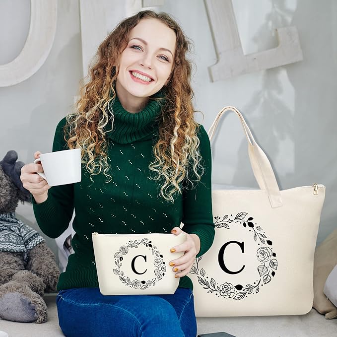 Personalized Initial Canvas Tote Bag with Zipper, Present Bag with Inner Pocket & Make Up Bag, Great Gifts for Women, Mom, Teachers, Friends, Bridesmaids