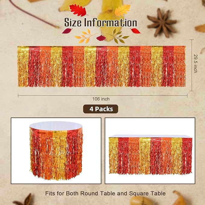 Mega-L Thanksgiving Party Decorations, 4 Pack Red Orange Gold Wavy Metallic Tinsel Foil Fringe Table Skirts for Rectangle and Round Table, Party Decorations for Friendsgiving Fall Harvest Autumn Party