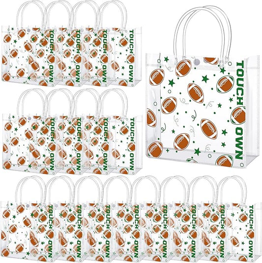 Sweetude 24 Pcs Football Gift Bags Bulk Brown and Green Clear PVC Goodie Bags with Handles 7.87 x 3.1 x 7.87 Inch Reusable Treat Wrapping Exchange Gift for Team Birthday Bowl Party Sport Favor