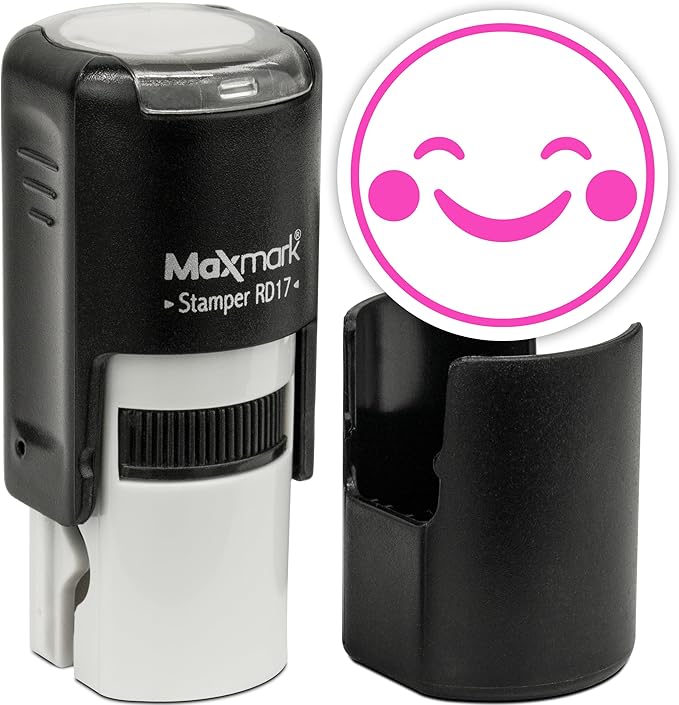 MaxMark Round Self Inking Emoji Stamp - Happy - Pink Ink