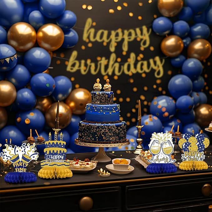 Blue and Gold Birthday Decorations – 12Pcs Honeycomb Table Centerpieces, Elegant Party Table Toppers for Adults, Stylish Blue Gold Birthday Decor
