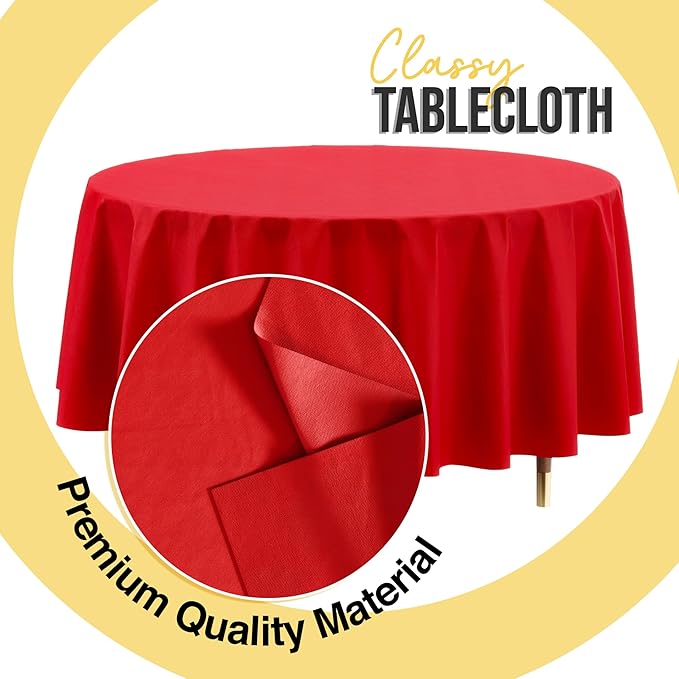 Exquisite 66% Thicker Premium Red Round Tablecloth 0.5 Mil 12 Pack Plastic Table Cloth Disposable 84 Inch Round Plastic Tablecloth Won't Tear Easily Like Cheap Thin Brands