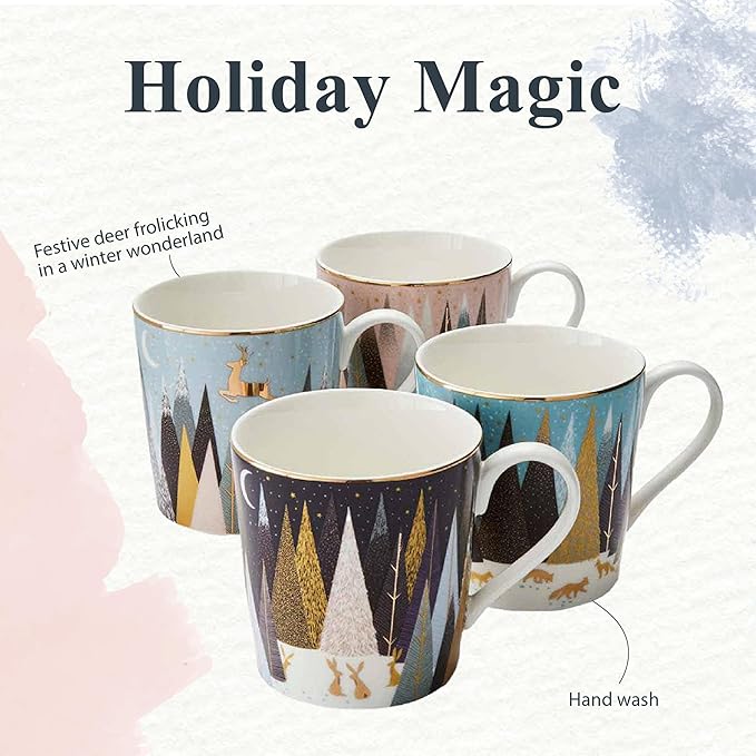 Portmeirion Sara Miller London Frosted Pines Christmas Mug | 12 Oz Cup for Drinking Tea, Coffee, and Hot Cocoa | Set of 4 Mugs Made from Fine China with Gold Detail | Handwash Only