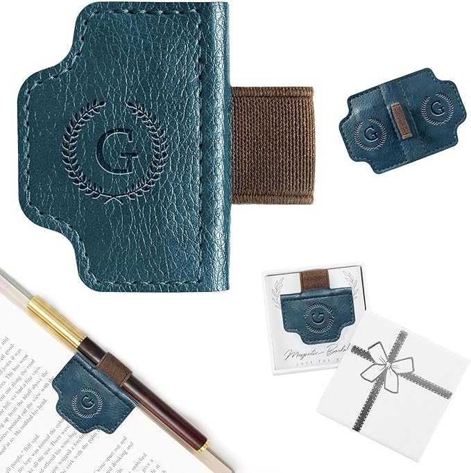 BygoneMark Magnetic Leather Bookmark with Pen Holder, Personalized Custom Initial Page Marker & Pen Clip, Professional Book Accessory for Students (Blue-G)