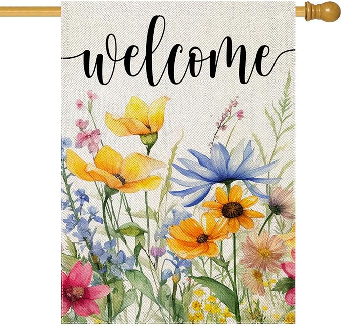 EKOREST Welcome Flowers House Flags for Outdoor Decoration, Spring Watercolor Floral Large Yard Flag, Decorative Summer Celebration Decor for Seasonal Farmhouse Holiday Outside 28x40 Inch Vertical