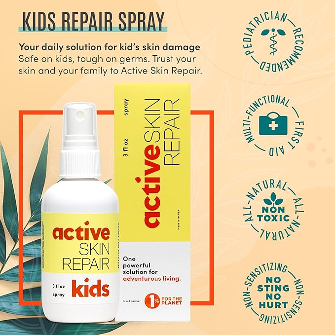 Active Skin Repair Kids First Aid Spray - Non-Toxic & Natural Kids Antiseptic Formula for Minor Cuts, Wounds, Scrapes, Rashes, Sunburns, and Other Skin Irritations (3oz Spray)