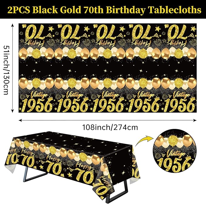 2pcs 70th Birthday Tablecloth, Black Gold 70th Birthday Decorations for Men Women Vintage 1956 Table Cloth Plastic Rectangular 70th Table Cover Happy 70 th Anniversary Party Supplies
