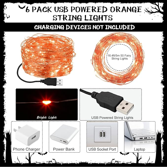 Macarrie 6 Pcs Fairy Lights USB Powered 16 ft 50 LED String Lights Plug in for Xmas Indoor Outdoor Party Wedding Home Festival Tree Garden Decoration (Orange)