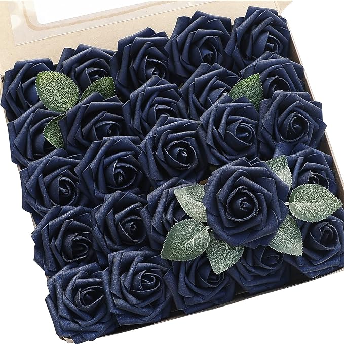 Floroom Artificial Flowers 50pcs Real Looking Navy Blue Foam Fake Roses with Stems for DIY Wedding Bouquets Bridal Shower Centerpieces Floral Arrangements Party Tables Home Decorations
