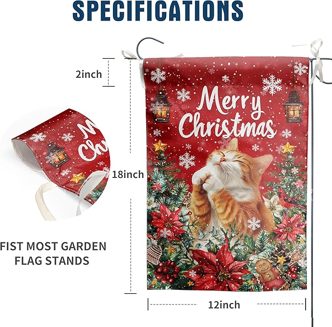 Christmas Cat Garden Flag Merry Christmas Orange Cat Yard Flag for Outside Xmas Flags 12x18 Double Sided Red Poinsettia Garden Flags Winter Porch Outdoor Decor
