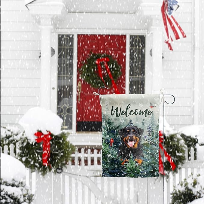 Welcome Winter Garden Flags Rottweiler Garden Flag Cardinal Birds on Snowy Pine Tree Flag Dog Yard Flags for Outside 12x18 Double Sided Christmas Decorative Lawn Flags