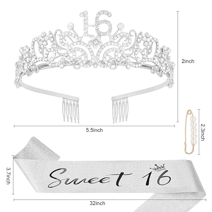 Semato Birthday Crown and Sweet 16 Sash Glitter Kit for Girls - Silver Metal Costume Circlet, Gold Shiny Cloth Sash with Pearl Pin - 16th Birthday Party Supplies and Favors