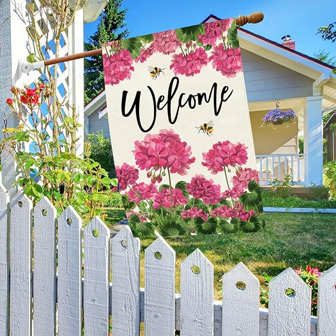 Baccessor Spring Summer Geranium Welcome House Flag Double Sided Burlap,Pink Floral Bee Large Garden Flag Seasonal Farmhouse Front Entry Yard Porch Patio Outside Outdoor Decor 28x40 Inch