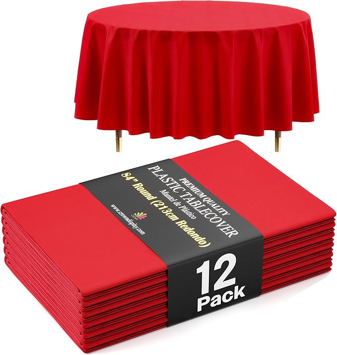 Exquisite 66% Thicker Premium Red Round Tablecloth 0.5 Mil 12 Pack Plastic Table Cloth Disposable 84 Inch Round Plastic Tablecloth Won't Tear Easily Like Cheap Thin Brands