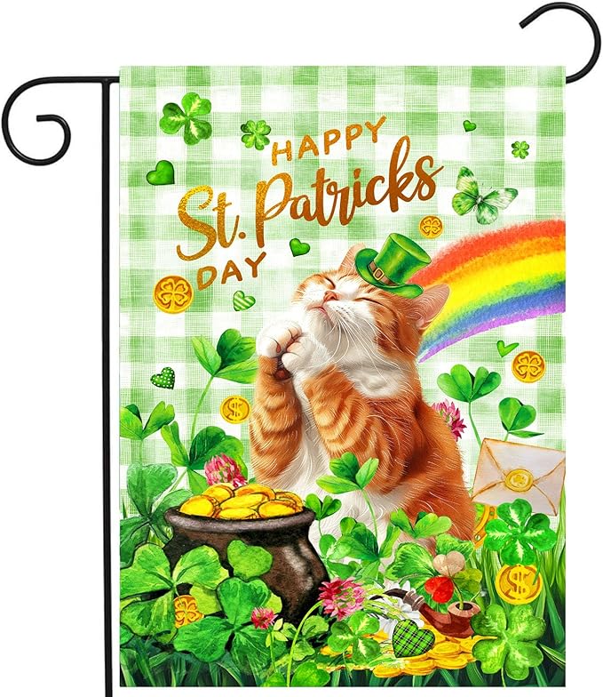 Orange Cat St Patricks Day Garden Flag Cat St Patrick's Day Yard Flags for Outside 12x18 Double Sided Buffalo Plaid Shamrock Flag Small Outdoor Rainbow St Patrick's Decor