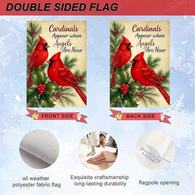 IVN Christmas Garden Flag 12x18 Inch Double Sided Red Bird Pine Holly Angels Are Near Outdoor Yard Flag for Outside Front Door Lawn Porch Patio Welcome Decor