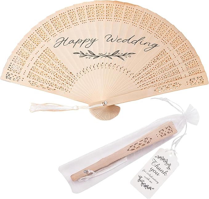 50 Pcs Wedding Fans Engraved Wooden Folding Hand Fans with Organza Bags, Wedding Party Favors for Guests, Bridal Shower & Summer Outdoor Ceremony (Style3,50)