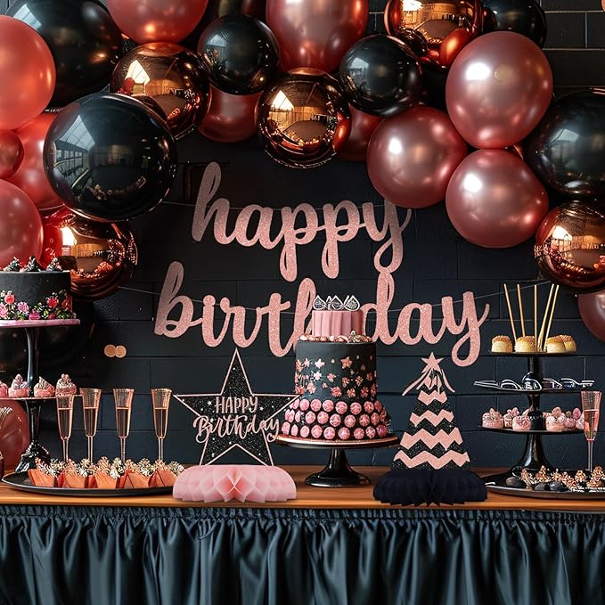 Black and Pink Birthday Decorations – 12Pcs Honeycomb Table Centerpieces for Women or Girls, Elegant Pink Black Party Table Toppers for Birthday Celebration
