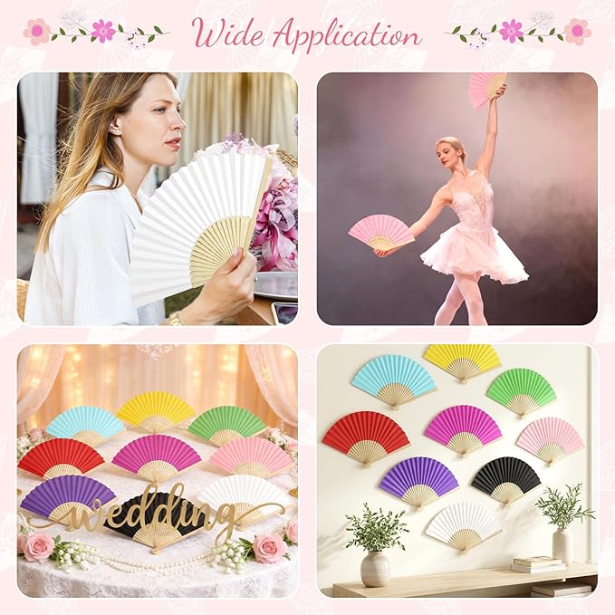 50 Pieces Paper Fans Paper Hand Fan Bamboo Folding Fan Handheld Fan Paper Folded Fan Paper Fan for Wedding Party and Home Decoration (Hot Pink)