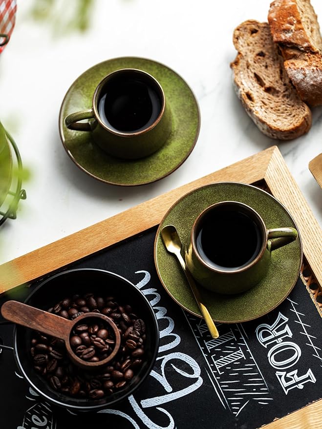 YHOSSEUN Ceramic Espresso Cups Set of 6, 4 Oz Expresso Shots Cup with Stand, Saucers & Spoons, Small Coffee Cup for Double Espresso, Mocha and Tea, Green