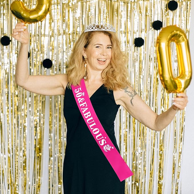 Casoty 50th Birthday Sash and Tiara, 50th Birthday Decorations for Women, 50 & FABULOUS Sash and Crown Set, Party Supplies Favors for Women, Gifts for Her