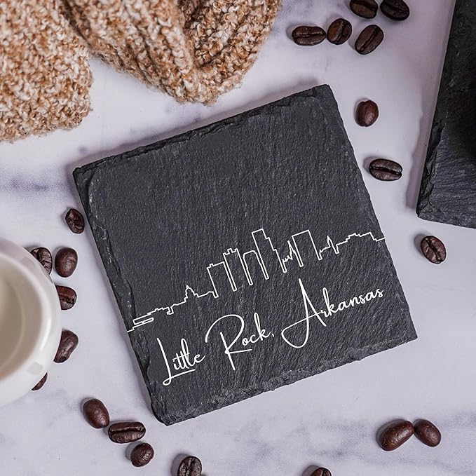Blue Ridge Mountain Gifts - Little Rock AR Skyline Coasters, Set of 4 - Little Rock Arkansas Souvenir, Slate Coasters with Minimalist Skyline, Housewarming Gift for Friends, Family, & Neighbors