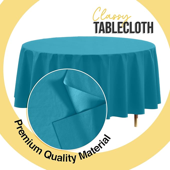 Exquisite 66% Thicker Premium Turquoise Round Tablecloth 0.5 Mil 24 Pack Plastic Table Cloth Disposable 84 Inch Round Plastic Tablecloth Won't Tear Easily Like Cheap Thin Brands