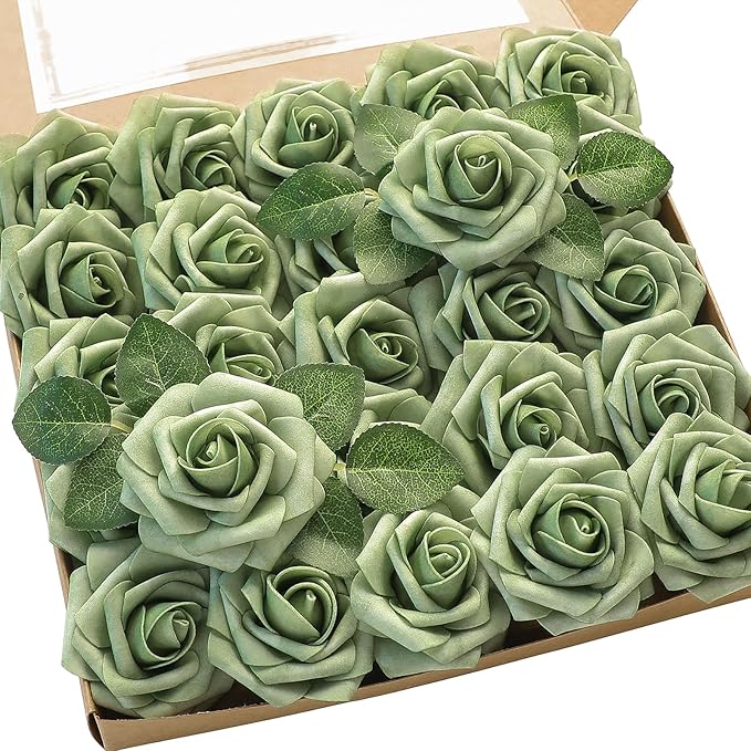 Floroom Artificial Flowers 50pcs Real Looking Elf Green Foam Fake Roses with Stems for DIY Wedding Bouquets Bridal Shower Centerpieces Sage Green Floral Arrangements Home Decorations