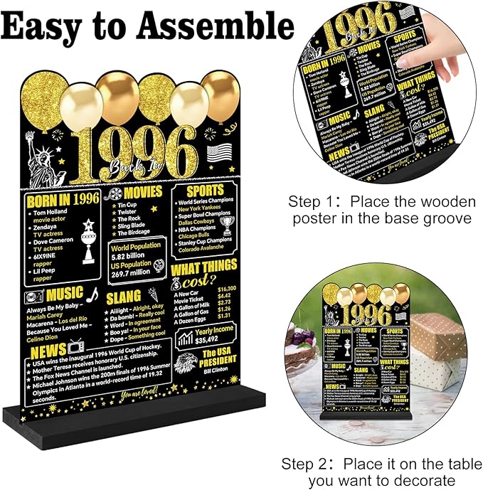 Black Gold 30th Birthday Decorations for Men Women, Two-Sided Vintage 30 Back in 1996 Theme Poster Wooden Table Sign with Stand, Thirty Years Old Bday Centerpieces Holder for Table Decor