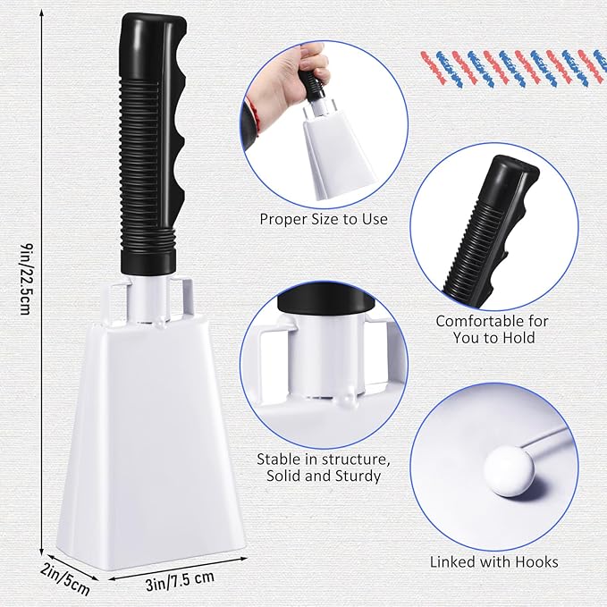 Pelopy 12 Pcs Large Cow Bell 9 '' Cowbell with Handle Cowbells for Sporting Events Hand Percussion Cheering Bell Chimes for Football Game, Alarm Loud Noise Makers, Musical Instrument(White)