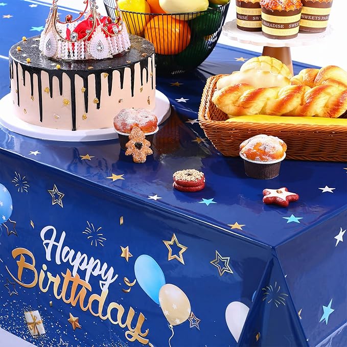 Tegeme Navy Blue Party Supplies Stars Happy Birthday Tablecloths Starry Confetti Table Covers for Kids Boys Girls Baby Shower Birthday Party Decorations(Navy Blue and Gold,3 Pack)