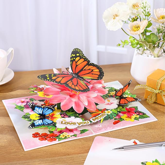 Pop Up Birthday Cards For Mom, Butterflies Love You Mom, 3D Monarch Butterfly, Beautiful Flowers, Birthday Cards, Ideal Gift For Mum, Wife, Godmother, Stepmom, Sister, Grandma, Mother in law, Wife