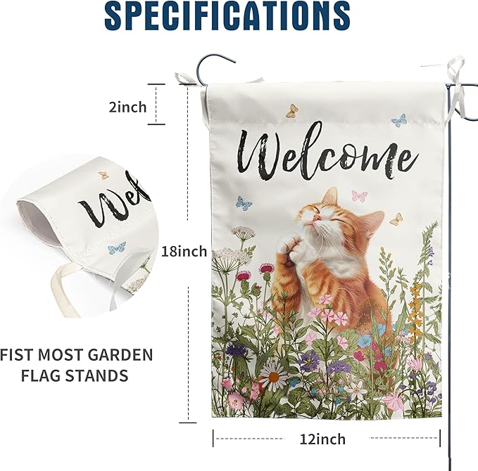 Spring Cat Garden Flags for Outside Summer Flower Garden Flag Floral Orange Cat Flag Welcome Yard Flags 12x18 Double Sided Mini Farmhouse Outdoor Decorative Flag