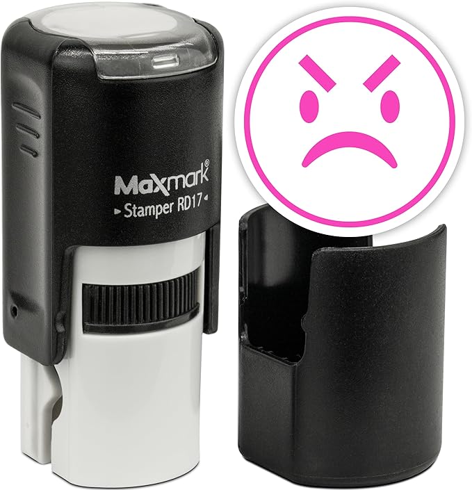MaxMark Round Self Inking Emoji Stamp - Angry - Pink Ink