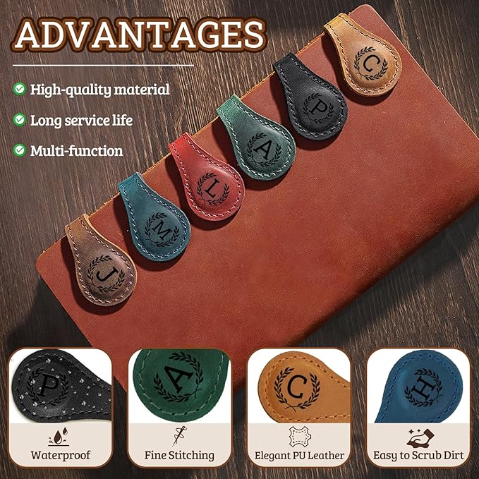 Personalized Magnetic Leather Bookmark - 26 Letters Vintage Engraved Book Marks,Custom Bookmark with Initial,Bookmarks for Women,Reading,Book Lovers (Green, I)
