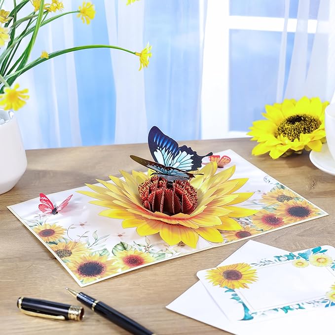 Sunflower & Butterfly Pop Up Mothers Day Card, 3D Popup Birthday Card 6x 8, Ideal Gift for Mother's Day, Anniversary, Valentine's, Thank You, All Occasion for Women, Wife, Mom, Grandma, Her