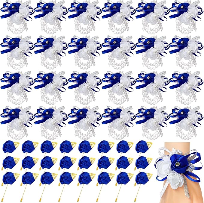 Tigeen 48 Pcs Wrist Corsage and Men's Boutonniere Set for Wedding Wristlet Corsage Hand Flower for Mother of Bride, Bridal, Bridesmaid Suit Decorations (Blue)