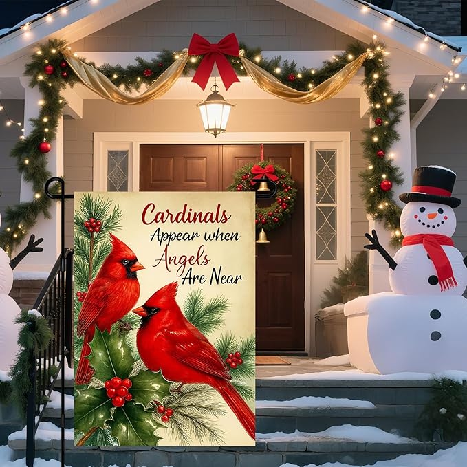 IVN Christmas Garden Flag 12x18 Inch Double Sided Red Bird Pine Holly Angels Are Near Outdoor Yard Flag for Outside Front Door Lawn Porch Patio Welcome Decor