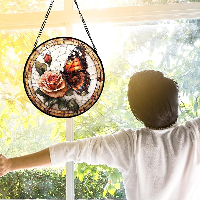Stained Glass Window Hanging, Butterfly Picking Flowers Suncatcher for Doors Home Sun Catchers Decoration and Christmas, Mother's Day Birthday Gifts for Women, Men, and Mom 11.8x11.8 in