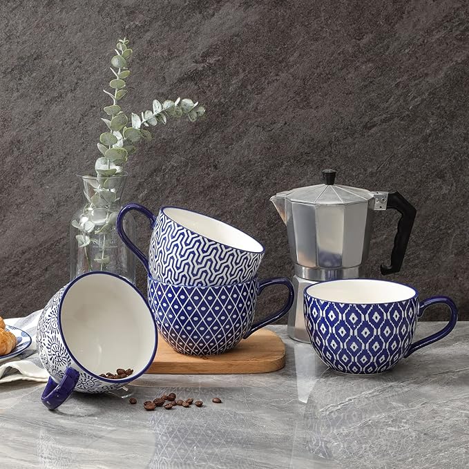Selamica Coffee Mugs Set of 4, 24 OZ Jumbo Soup Mugs with Handles, Ceramic Coffee Cups for Cereal Latte Tea Milk Cappuccino, Dishwasher & Microwave Safe, Vintage Blue